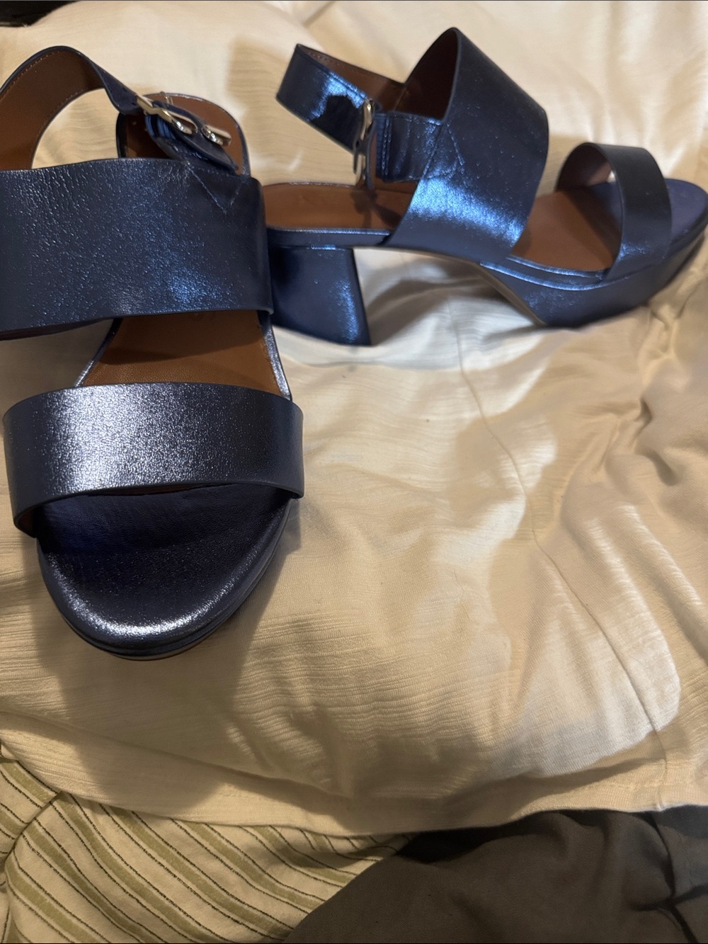 AEROSOLES Navy Metallic Block Heel Sandals